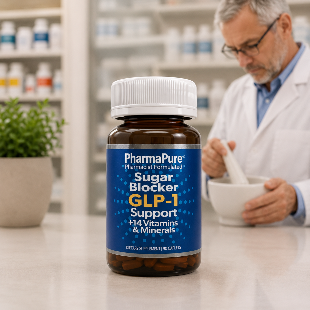 PharmaPure Sugar Blocker GLP-1 Support supplement bottle with pharmacist
