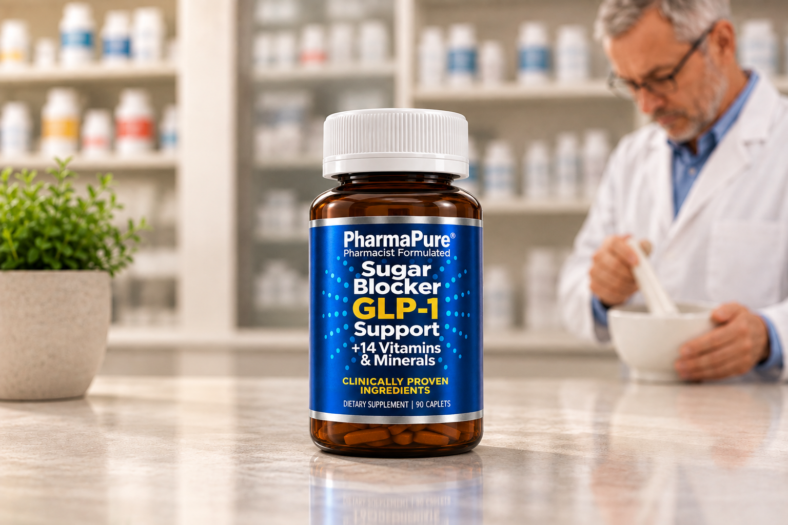 PharmaPure Sugar Blocker GLP-1 Support supplement bottle with pharmacist